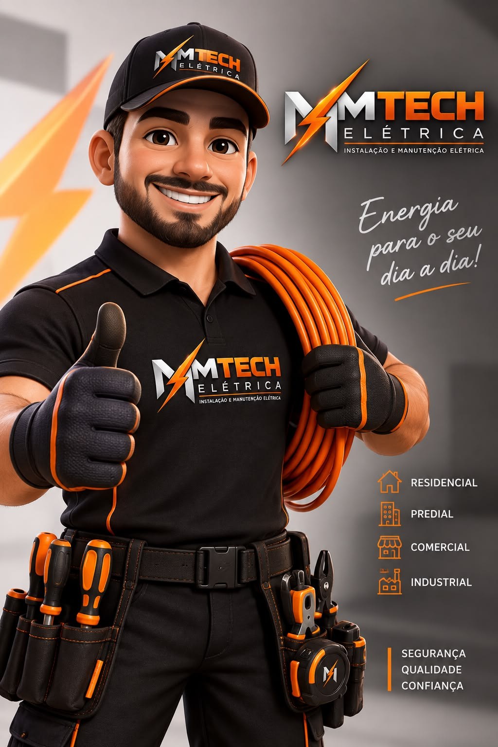 Eletricista da MTECH Elétrica uniformizado, com cinto de ferramentas e cabo elétrico, ao lado da logo e dos segmentos atendidos