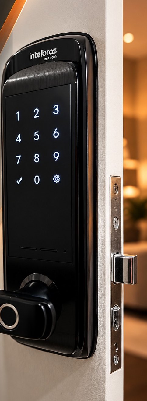 Fechadura eletrônica com teclado e biometria instalada em porta pela MTECH Elétrica